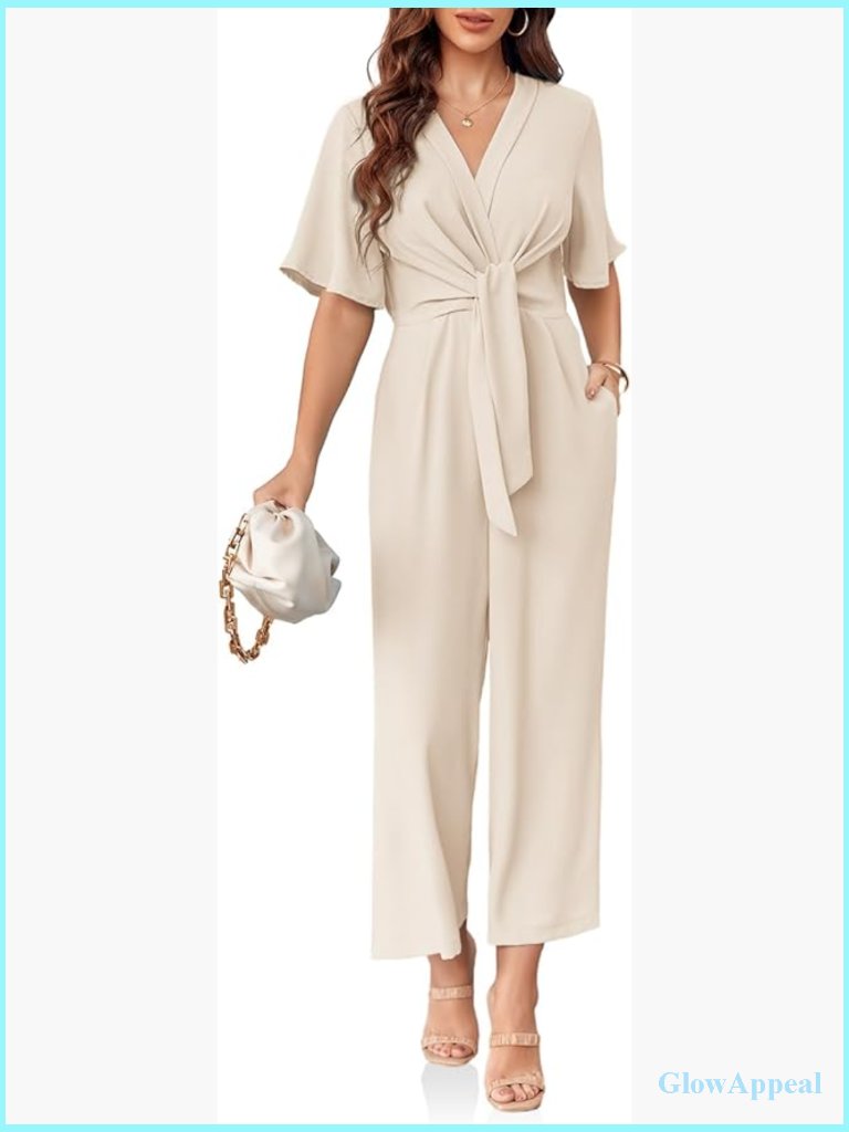 Elegant V-Neck Jumpsuit Dressy Casual Short Sleeve Wide Leg Romper